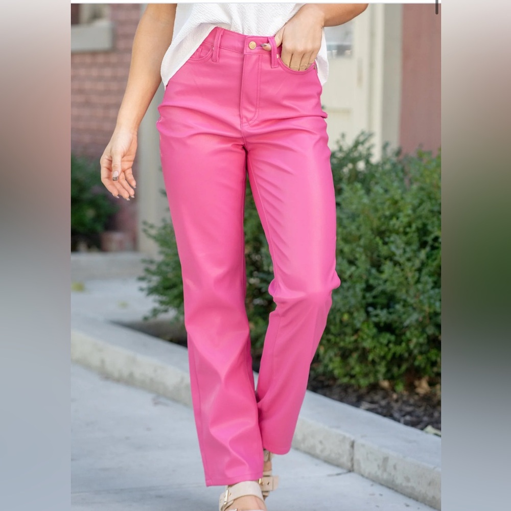 JUDY BLUE HOT PINK FAUX LEATHER TUMMY CONTROL HIGH RISE STRAIGHT